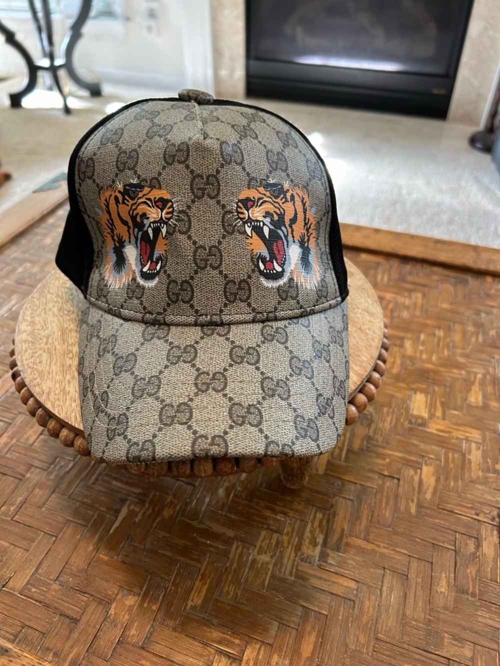 Gucci Beige GG Monogram Tiger Patch Trucker Cap